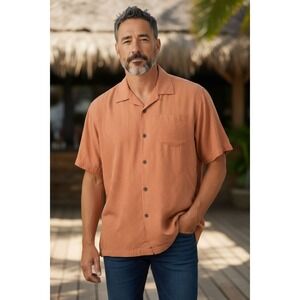 Tommy Bahama Mens XL Silk Hawaiian Coral Orange Textured Short Sleeve Button